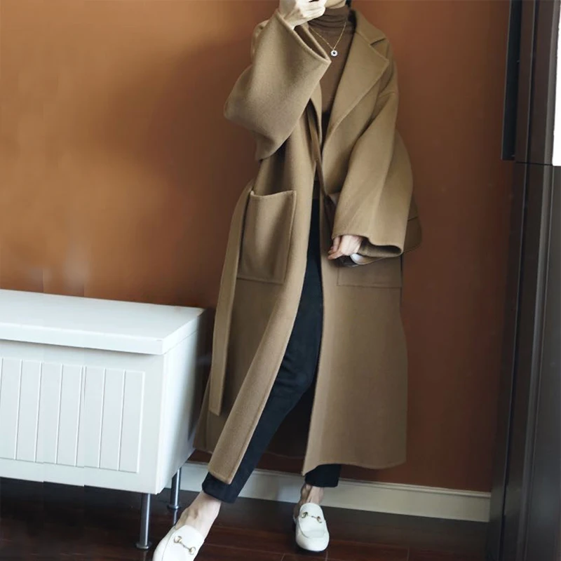 

2024 Special Offer Side Slit 100% Pure Wool Women's Coat Long Double-Sided Woolen Coat Loose Comfortable Women's Clothing