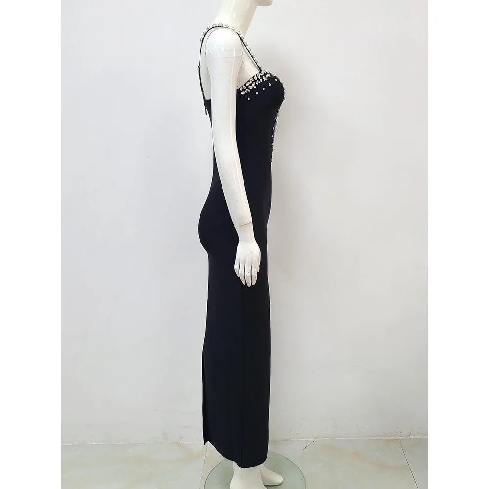 2024 New Women Sexy Sleeveless Backless Diamonds Black Long Bandage V-neck Dress Club Evening Robe Stage Performance Dress