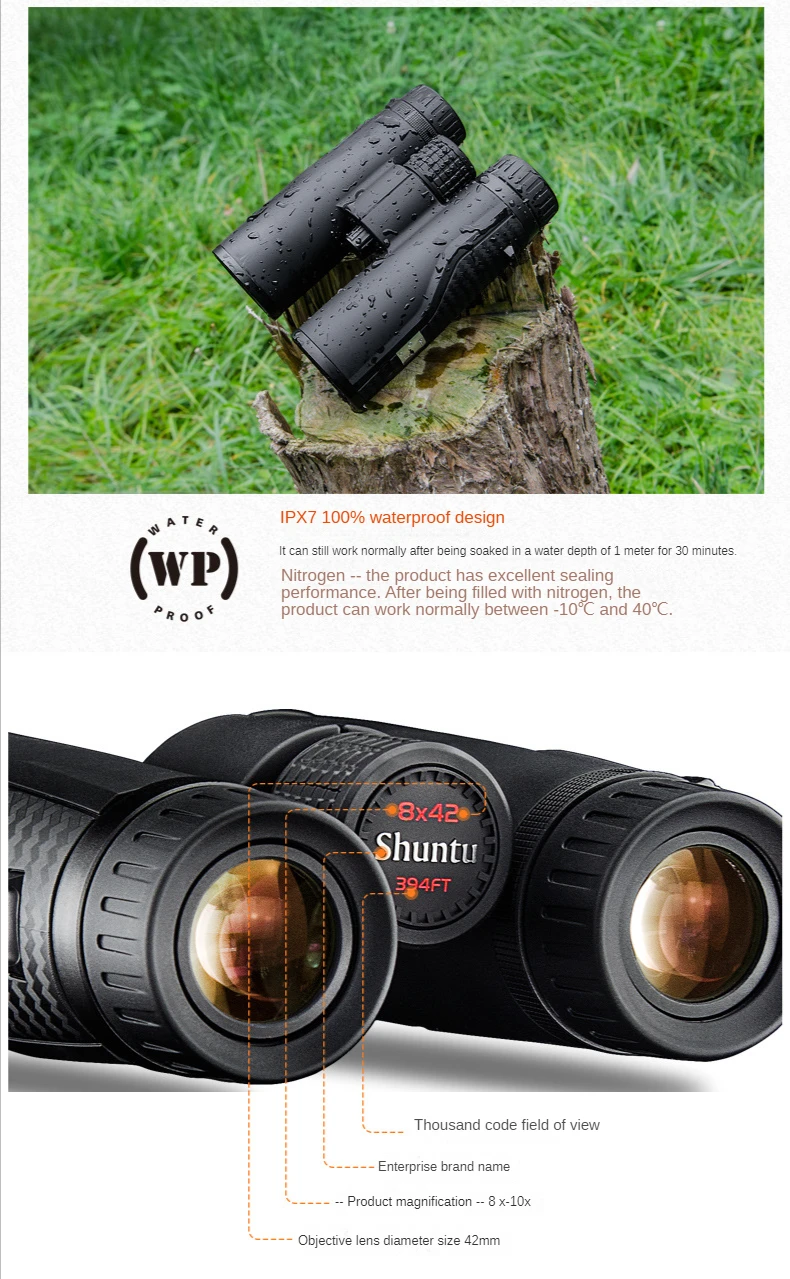 Shuntu Powerful ED Binoculars 8x42 10x42 Long Range IPX7 Waterproof Bak4 Prism SMC Optical Coating For Hunting Camping Travel
