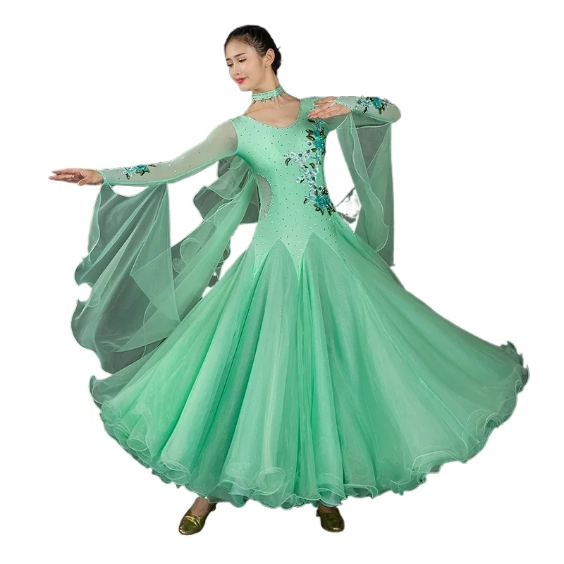 Big Swing Green Ballroom Dance Competition Dress With Rhinestones Waltz Dress Social Sance Dress Rumba Dance Costumes Ball Gown