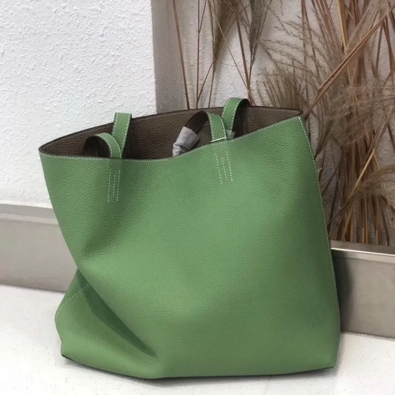 High Quality First-layer Cowhide Tote Bag Double-sided Real Leather Shopping Women's Bag Vintage Casual Portable Large Capacity