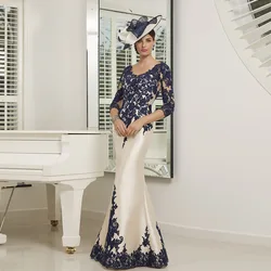 Abiti da cerimonia per invitati a sirena Abito formale in raso con scollo a O con applicazioni in pizzo personalizzato per la madre maniche a 3/4 sexy della sposa