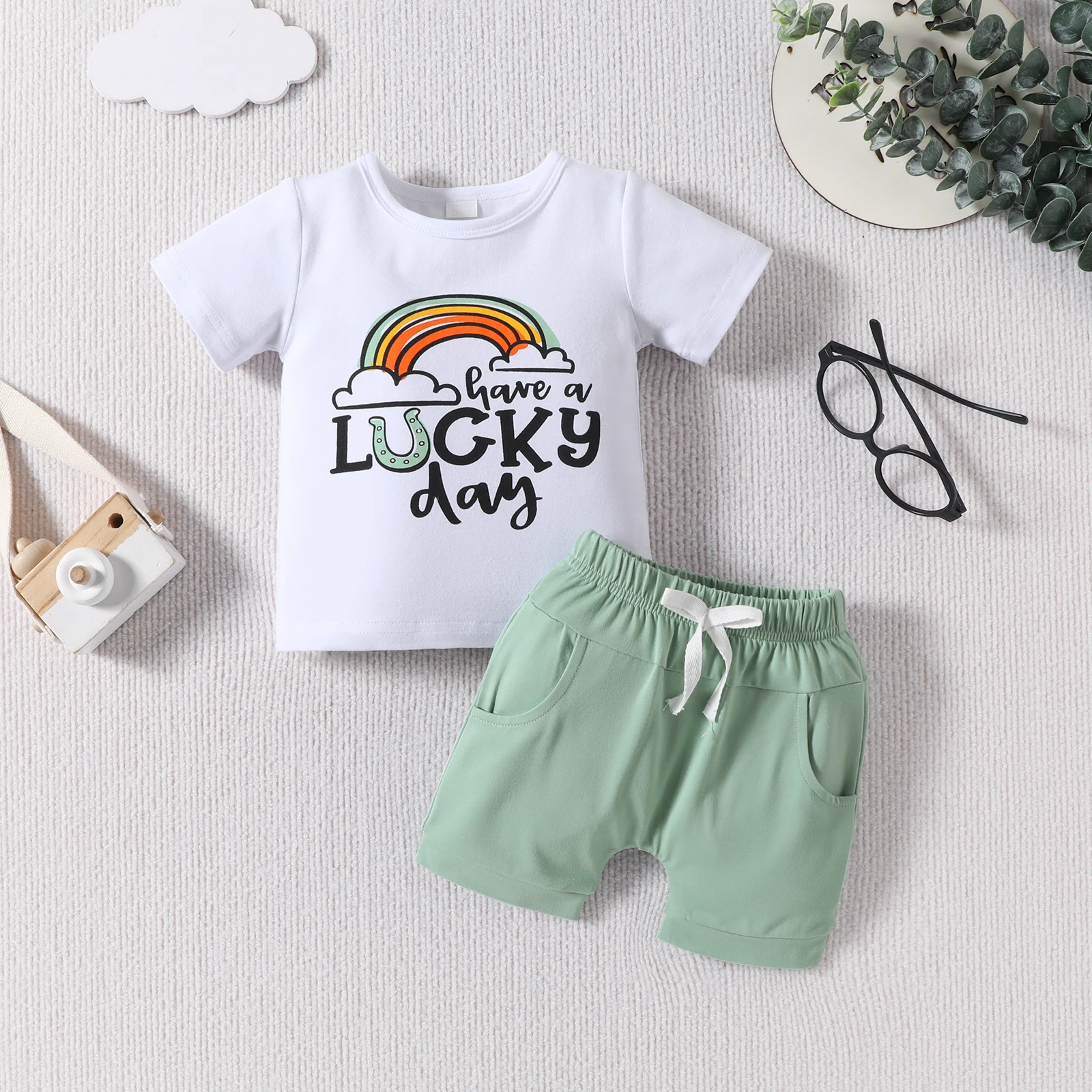 Baby Clothes 3-24M 2-3T Fashion Boys Summer Casual Top Kids Cute Rainbow Printing Short Sleeve T-Shirt Solid Color Shorts Set