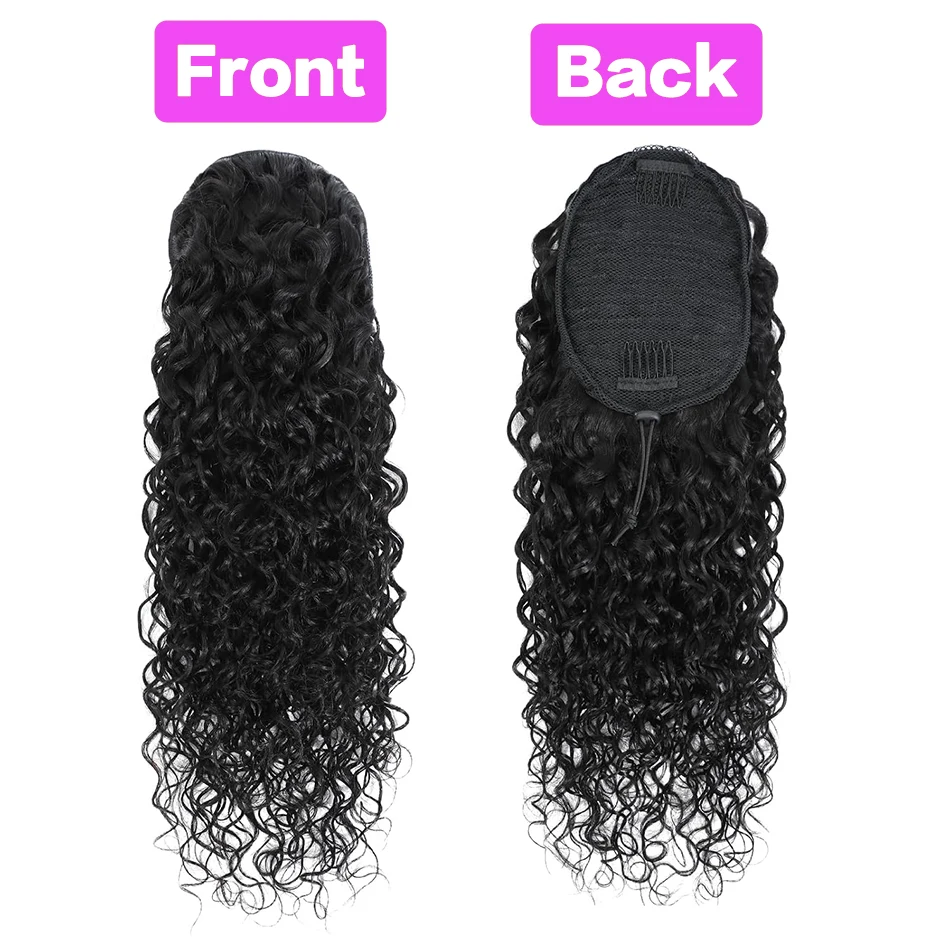 Water Wave Drawstring Ponytail 100% Remy Human Hair 14-28 Inch 80-160g Wrap Around Clip In Quick Styling Natural Color for Women view 4