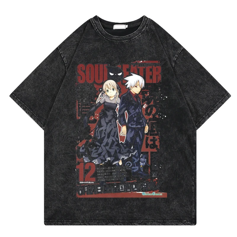 Soul Eater T Shirt Vintage Washed T Shirt Anime Printing Graphic Streetwear Hip Hop Oversized T-Shirt Summer Casual Cotton Tees