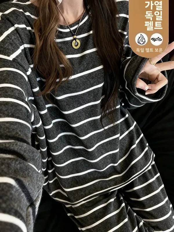 Women's Casual Sleepwear Set Warm Loose Home Clothes Autumn Winter Stripe Pattern Velvet Material Two-Piece Suit Fashionable