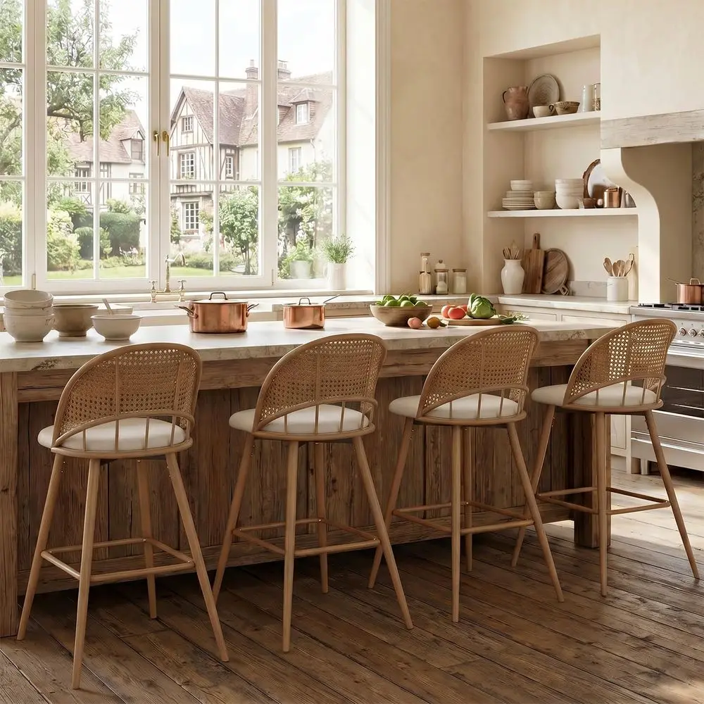 26'' Barstools Set o 4, Rattan Counter Height Swivel Stools or Kitchen | Barstools with Metal Legs, aux Leather Seating, -Centur