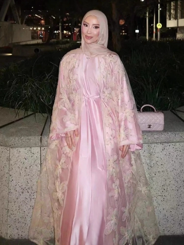 

Eid Embroidery Saudi Abaya for Woman Kimono with Inner Dress 2 Piece Set Pink Muslim Turkish Dubai Abayas Luxury Islamic Clothes