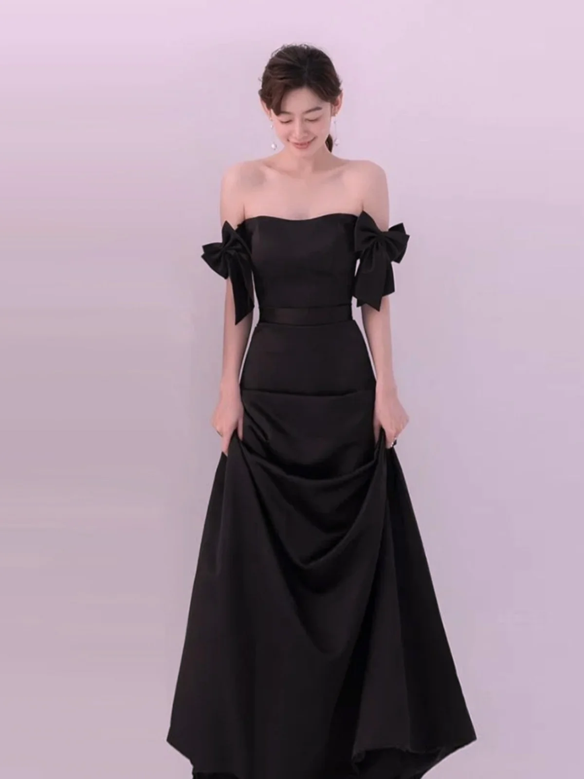 Temperament Black off-Shoulder Banquet Birthday Par Stage Performance Annual Meeting Host Wedding Dress Formal Dress 9780