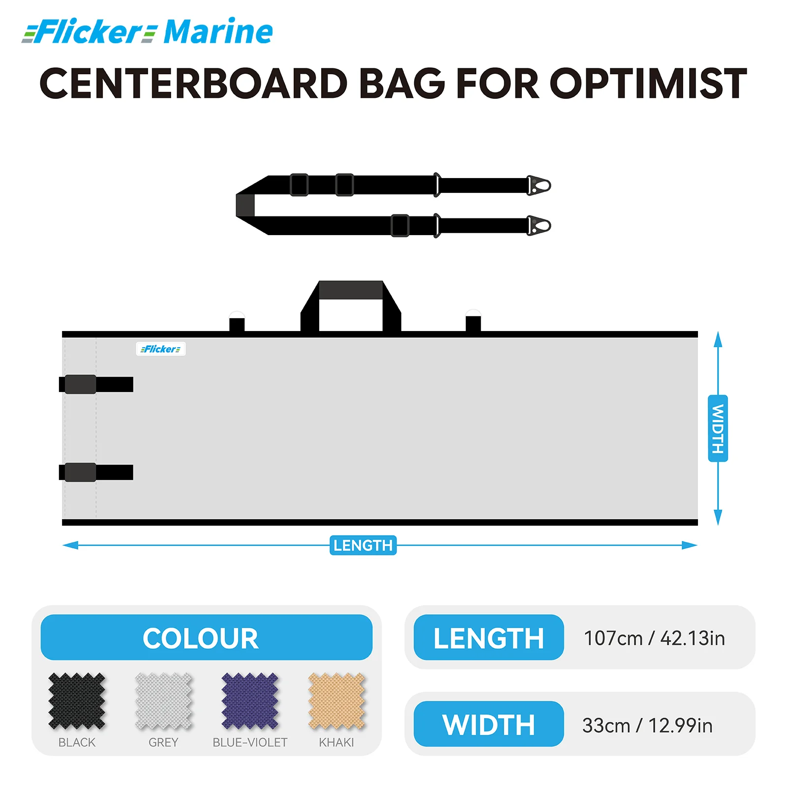 Flicker Centerboard Bag for Optimist Dinghy 107x33cm Waterproof UV-Resistant Polyester Foil Storage Bag with Strap Buckle Closur