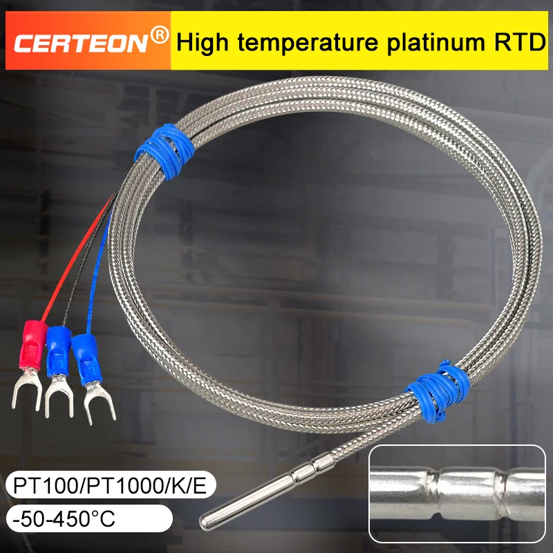 PT100 Temperature Sensor Probe Platinum Resistance Thermometer Industrial High Accuracy Glass Fiber Insulated RTD