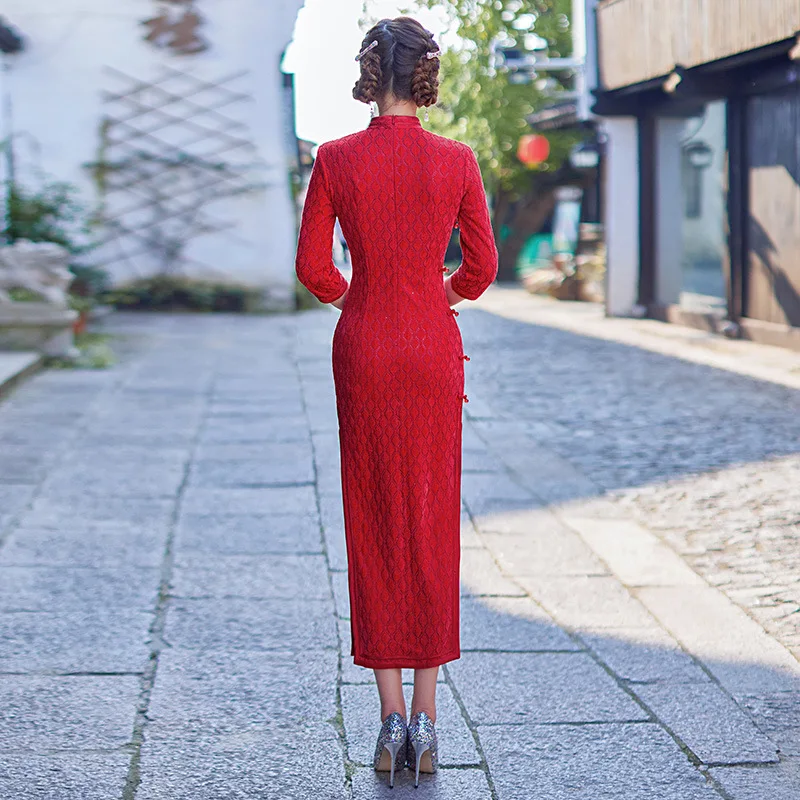 Chenille Wide Brim Long 3/4 Sleeves Red Daily Cheongsam New Wedding Banquet Mom Dress