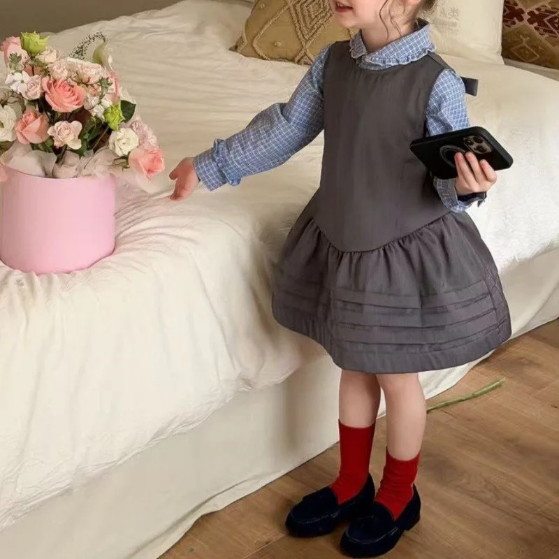 

Girls Spring Autumn Dress Set 2026 New Children Korean College Style Patterned Shirt Layered Loose Vest Dress Two Piece Set