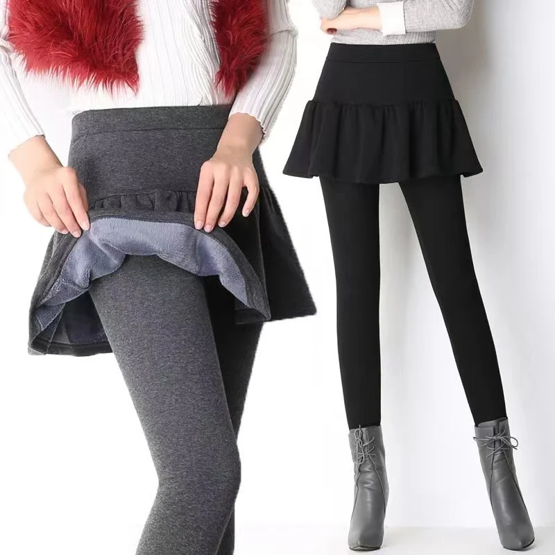 plus Size Autumn Winter Fleece Lined Women's Leggings Outerwear Slimming Integrated Skirt Pants Slim Fit Trousers