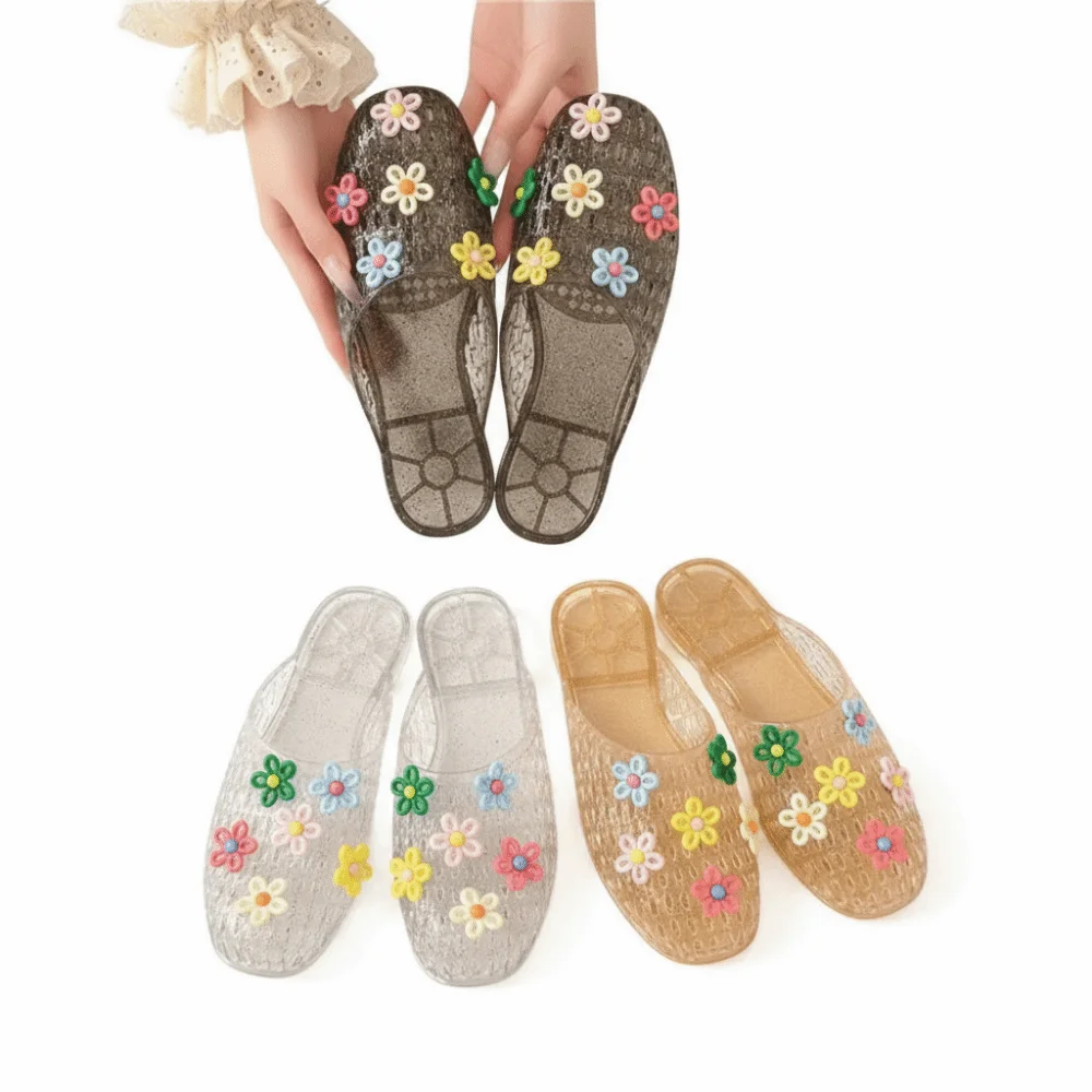 Fashion Transparent Floral Jelly Slippers Floral Decor Soft Sole Open Toe Slippers Non-slip Slide Sandals Indoor Outdoor