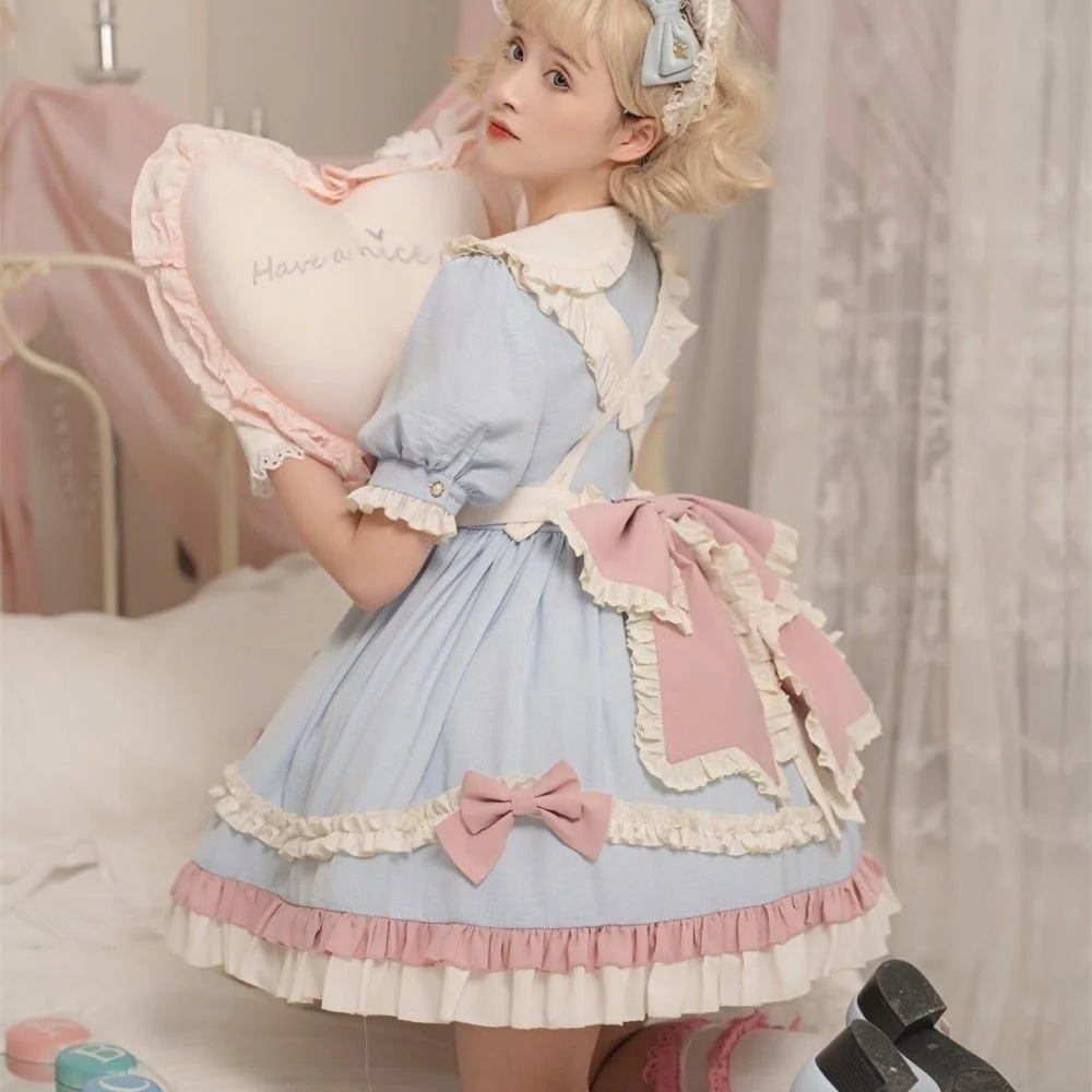 Robe de femme de chambre à manches courtes, jupes Lolita mignonnes, vêtements Lolita doux, Harujuku Goth, bleu bébé Kawaii, été