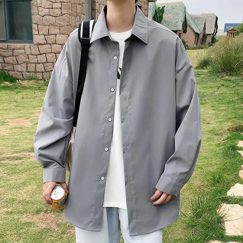 Spring 2026 Men's Korean Turn Collar Shirt Sve Jacket Loose Fit Long Sleeve Silk PU Leather Casual Cleanfit Style Pure Color
