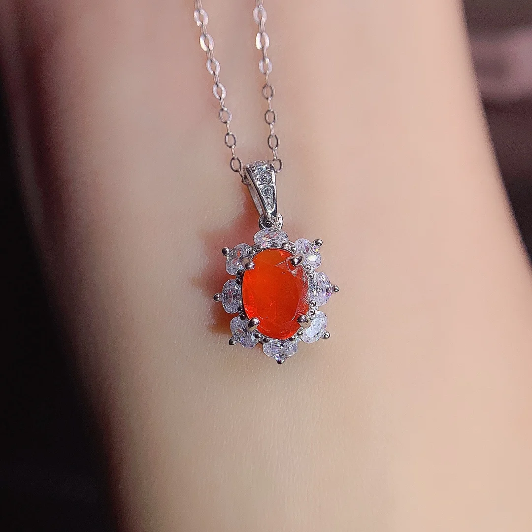 

Orange Fire Opal Birthstone Pendant for Women's Silver Necklace Engagement Wedding Jewelry