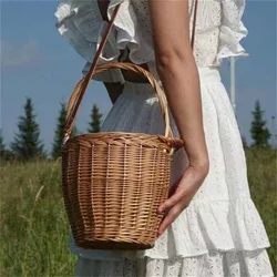 2022 New Women Handmade Straw Shoulder Bags Vintage Style Women Ribbon Bucket Bags Holiday Beach Totes Drop Shipping