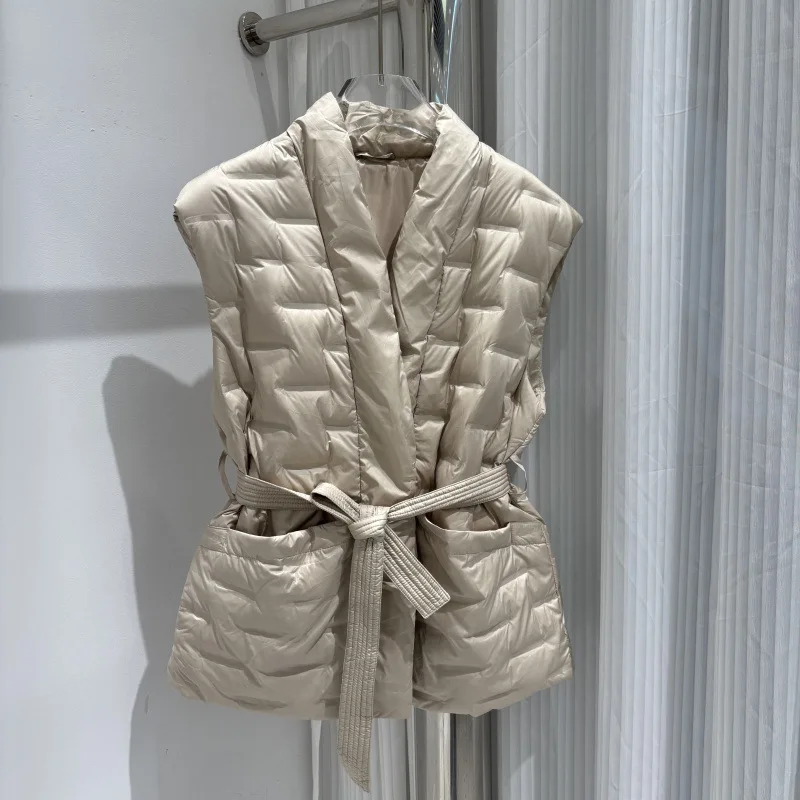 الشتاء الخريف الأبيض بطة أسفل سترة فضفاضة البخاخ أسفل سترة دون أكمام حزام المرأة خفيفة الوزن الأبيض بطة أسفل صدرية الإناث