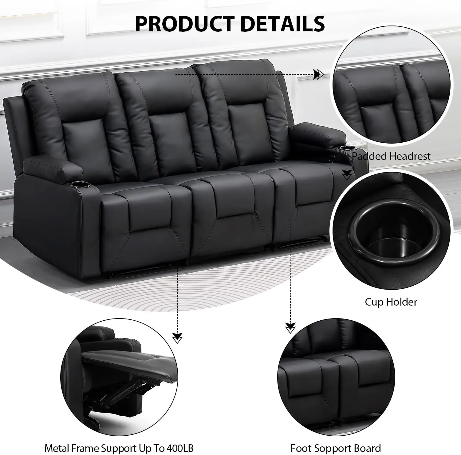 Recline Chair Set Furniture 2PC Bonded Leather Recliner Set Living Room Set Sofa Loveseat Black Living Room