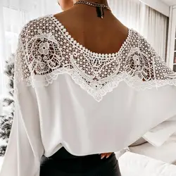 Women Top Crochet Embroidery Lace Blouse 3/4 Sleeve Lace Stitching T-shirt Solid Color Lace Up Loose OL Style Shirt