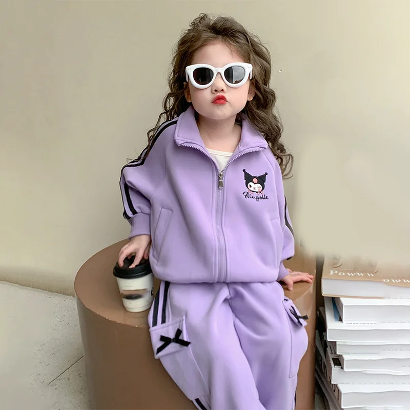 

Sanrio Kuromi пальто и брюки для девочек, комплекты весенне-осенней одежды с длинными рукавами, повседневная кавайная аниме-мода, новый стиль, детская одежда, хит продаж