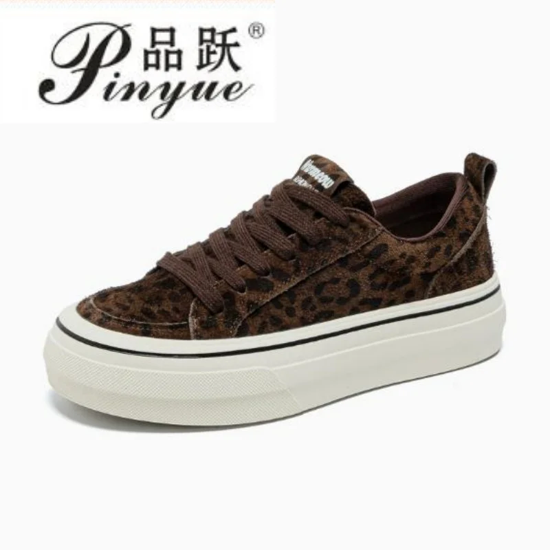 

4.5cm Fashion Leopard Sneakers Women Cow Suede Lace-up Round Toe Patchwork Ladies Shoes Handmade 35-40