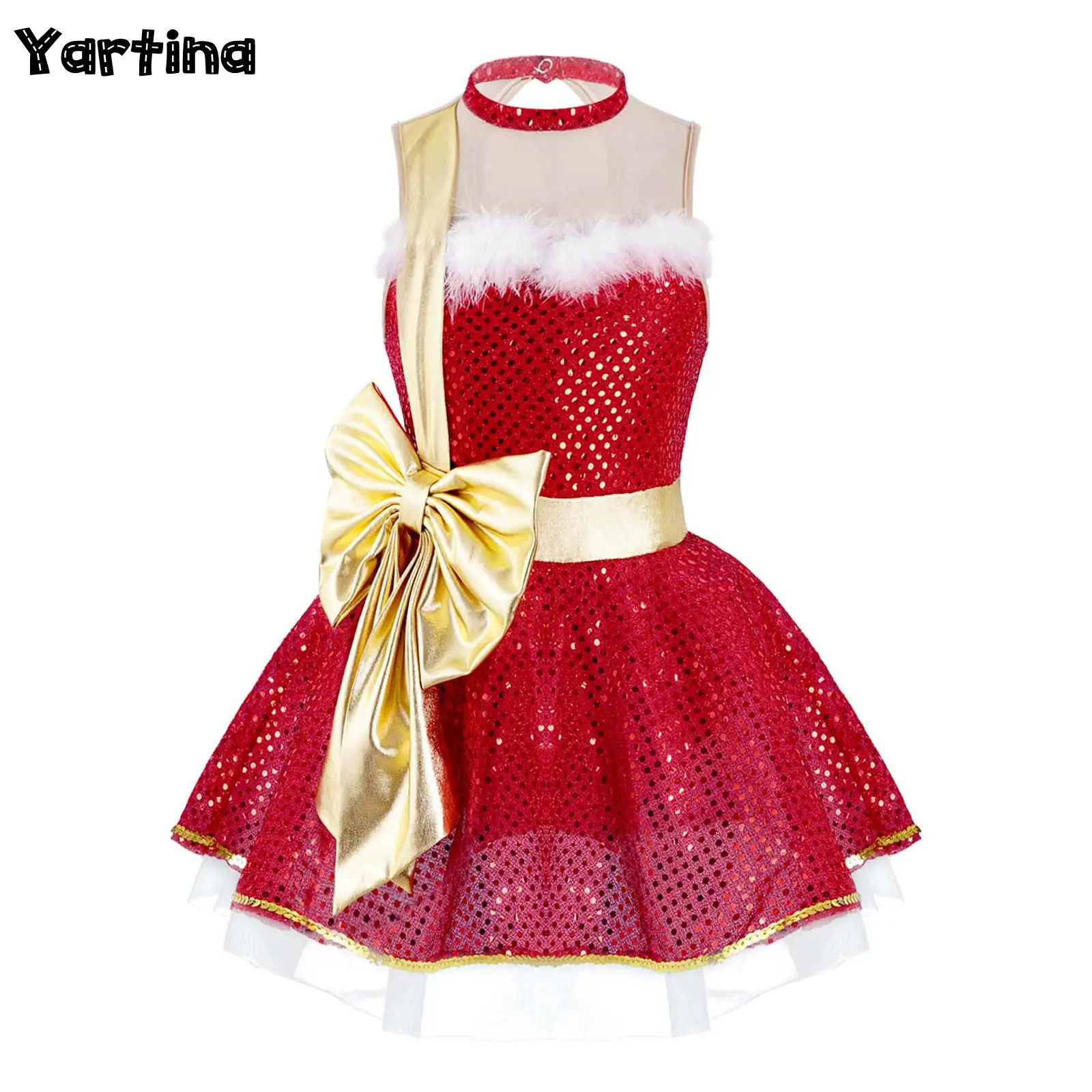 Kids Girls Christmas Santa Claus Xmas Cosplay Costume Sequin Gymnastics Ballet Tutu Figure Skating Dance Leotard Dress Dancewear