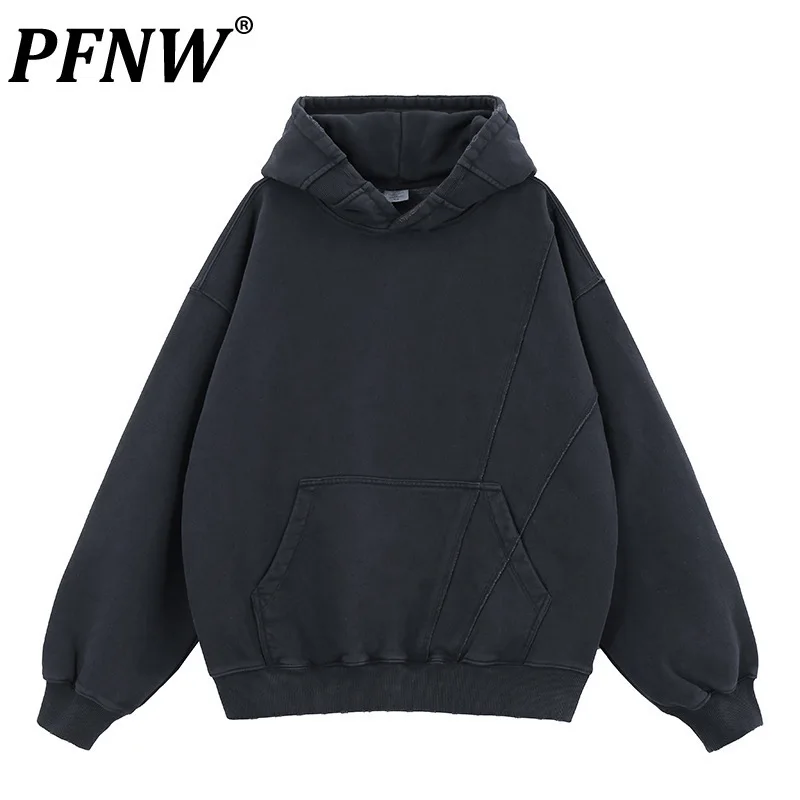 PFNW Trendy High Street Hooded Fleece Warm Thickened Sweatshirts Men's Niche Deconstruction Solid Color Pulllover Tops 28W5651