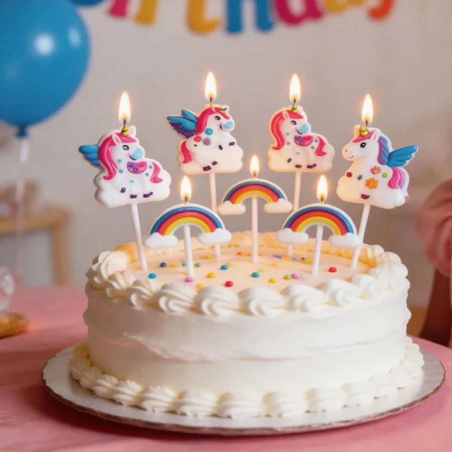 7-teiliges Set Niedliche Regenbogen-Einhorn-Kerzen, Kuchendekoration, Cartoon-Tierkerzen für Kindergeburtstage, Backdekoration – Detail 1