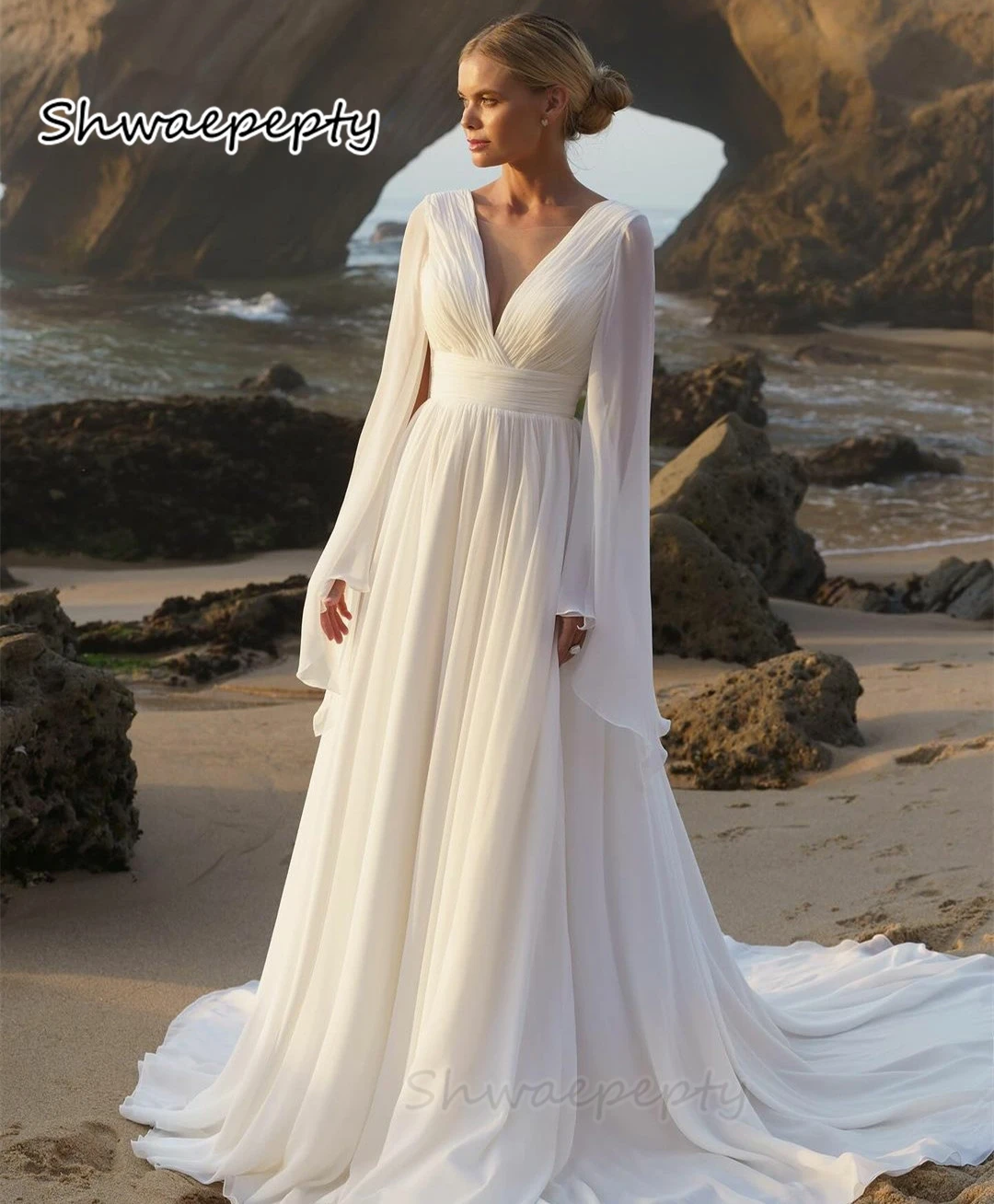 

White Chiffon Beach Wedding Dress Cape Sleeves V-neck Backless Pleats Long Bohemian Wedding Gown Empire Waist Vestido Customized
