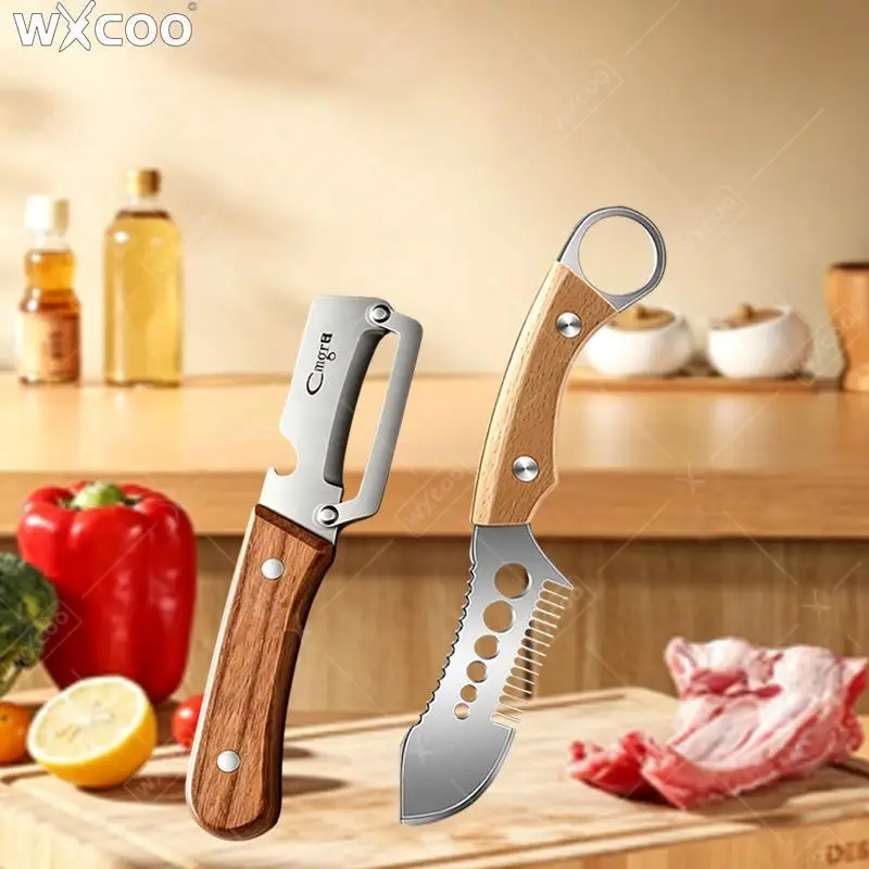 WXCOO Stainless Steel Kitchen Scallion Slicer Onion Chopper Herb Parsley Cutter Vegetable Peeler Fruit Paring with Wooden Handle