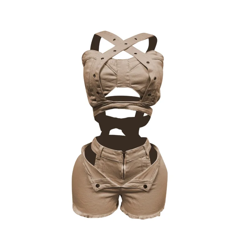 

Сексуальные джинсовые женские короткие комплекты, джинсовый укороченный топ и шорты с вырезами, комплект 2025, летняя одежда, уличная одежда, две комплекты из 2 предметов, клубная одежда