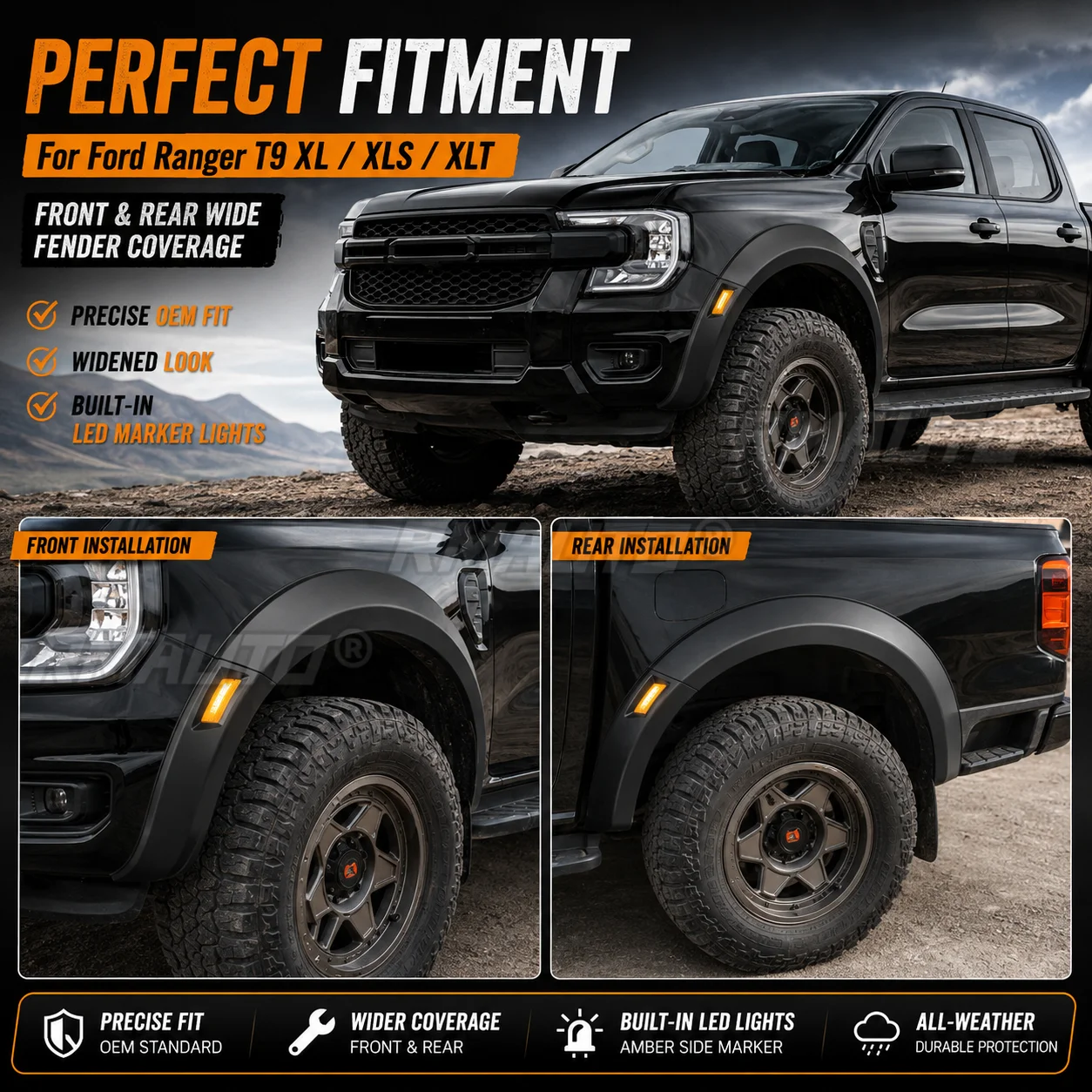 LED Fender Flares Wide Wheel Arch Extensions For Ford Ranger T9 2022+ XL XLS XLT Pickup Truck Accessories