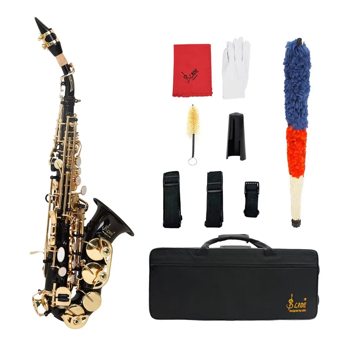 

SLADE Soprano Saxophone Brass Black Golden Carve Pattern Bb Bend Sax withPearl White Shell Buttons for Adult Beginner