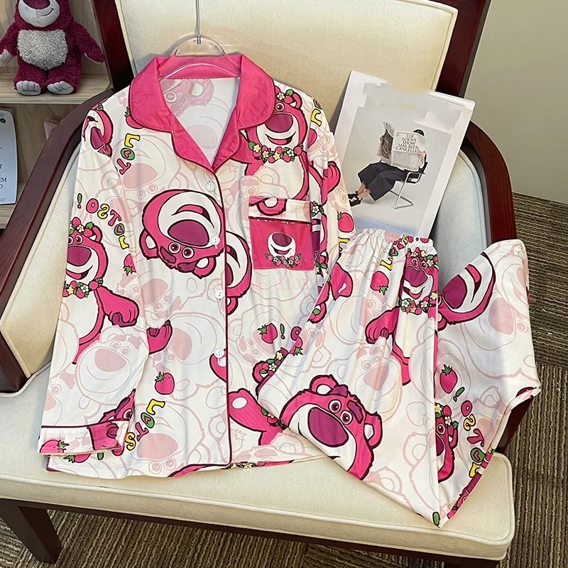 Hot Toys Disney Pajamas Women\'s Milk Silk Spring and Autumn Cartoon Strawberry Bear Home Suit Can Be Outworn Set