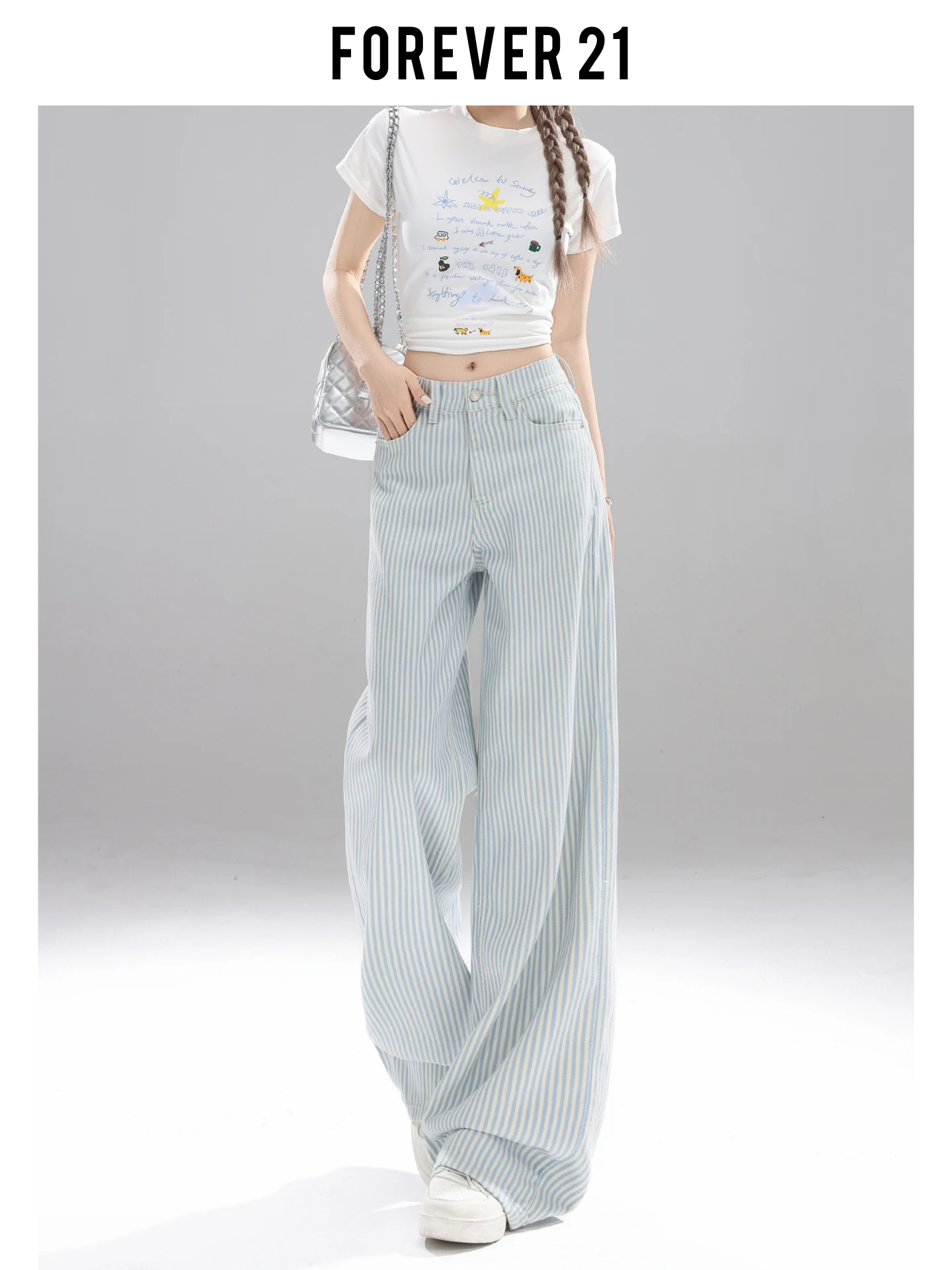 Jeans de Mezclilla a Rayas de Cintura Alta y Pierna Ancha para Mujer, Estilo Vintage, Corte Recto Holgado, Forever 21, Estilo Americano, Casual, Verano