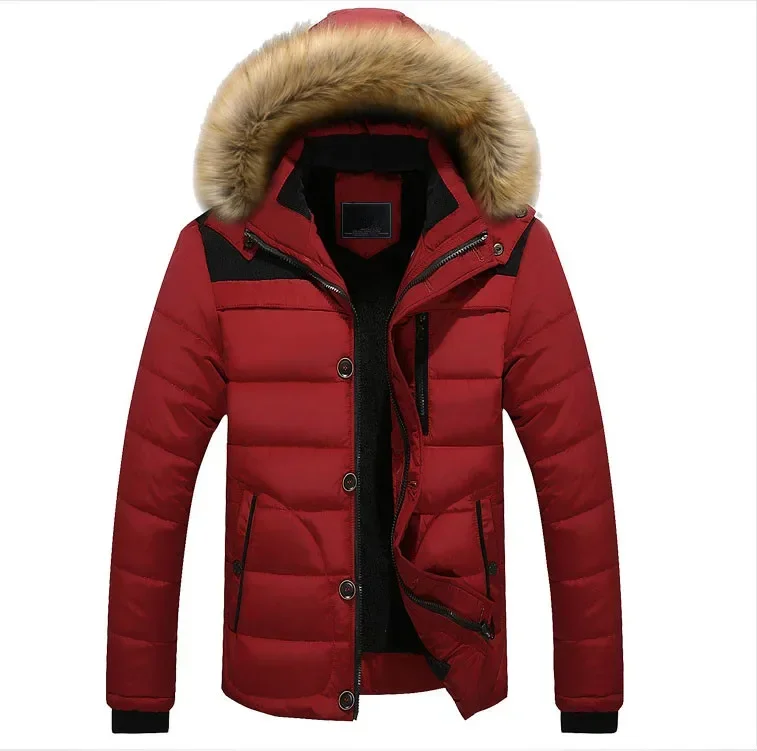 Parkas con capucha de retales para hombre, cuello de piel sintética, abrigo grueso y esponjoso, Chaqueta de algodón rojo de gran tamaño, abrigo de invierno 5xl