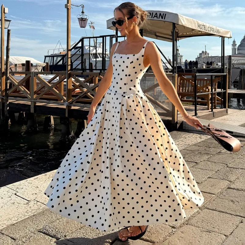 

Talenza White Polka Dot Dress Women's Fashion Contrast Backless Elegant Dress Summer New High Waist Women's Party Evening Dress