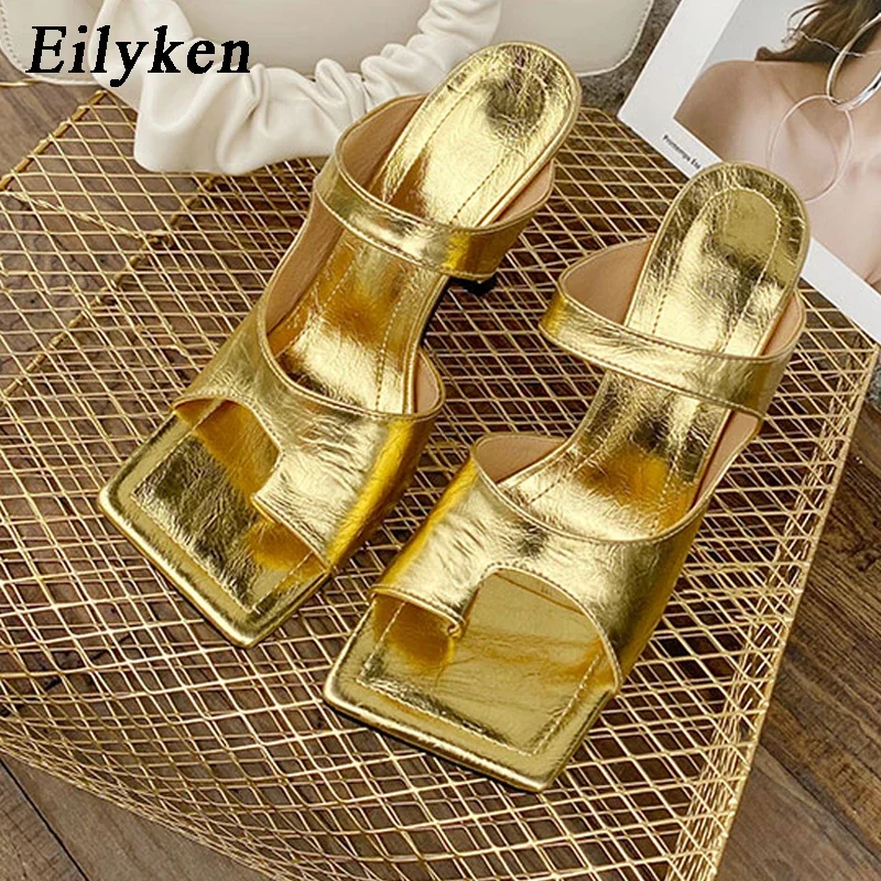 Eilyken New Summer Wedding Party Women Slippers Fashion Square Clip Toe Narrow Band High Heels Slides Female Shoes