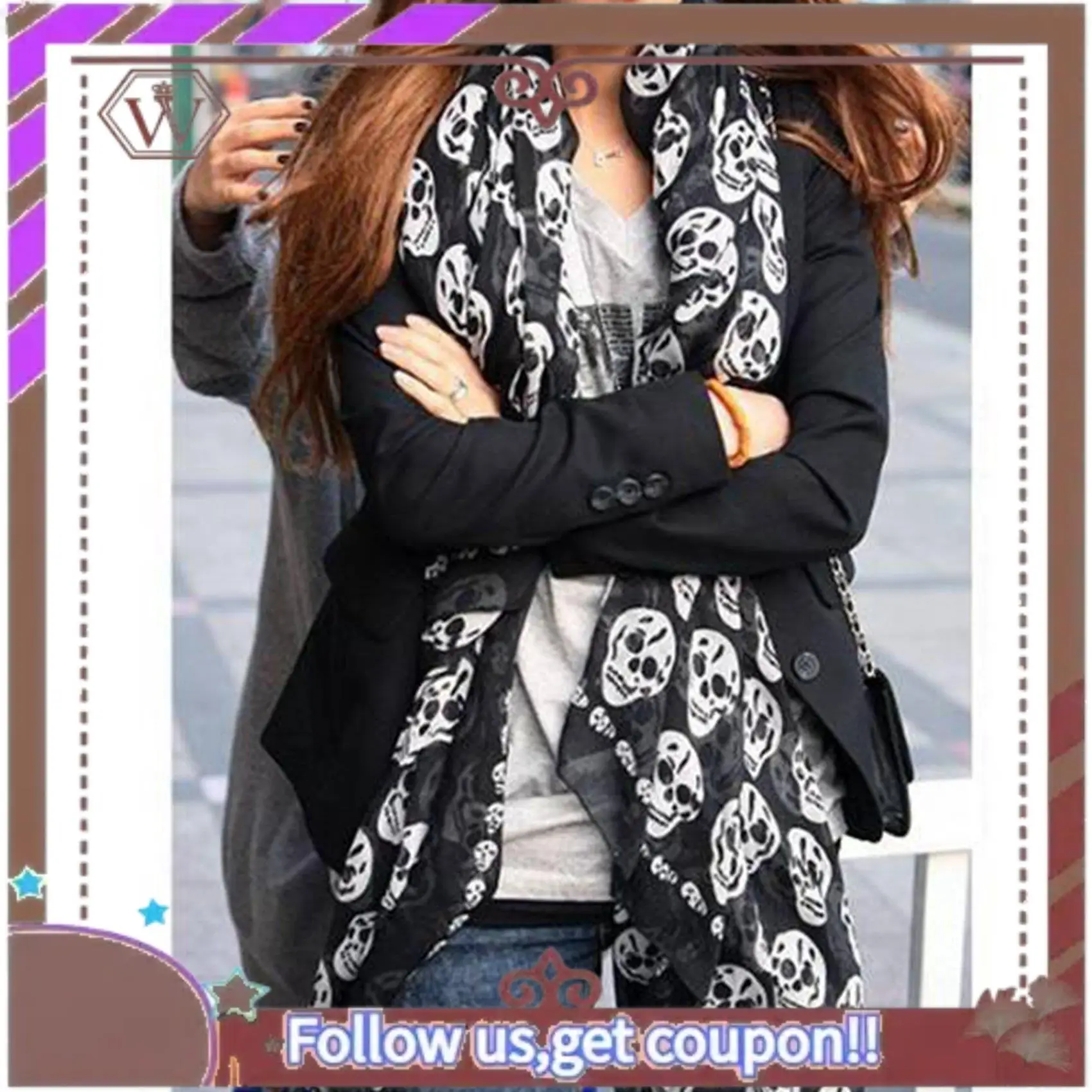 (ใหม่)-2X สีดําชีฟองผ้าไหม Skull พิมพ์แฟชั่นผ้าพันคอยาว Shawl Scaf สําหรับผู้หญิง + พวงกุญแจ