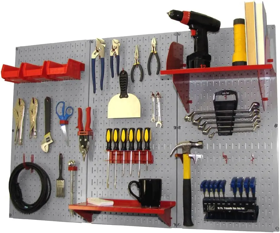 Pegboard Organizer Wall Control 4 ft. Metal Pegboard Standard Tool Storage Kit with Gray Toolboard and Red Accessories