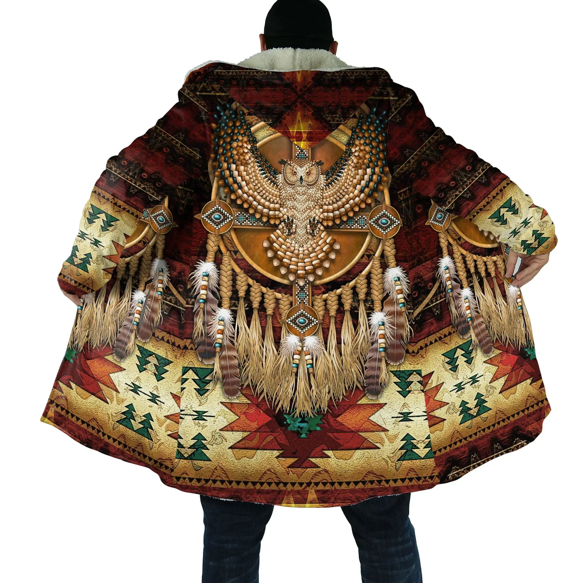 Fashion Winter Hooded Cape Native Wolf and Eagle Pattern 3D Print Men's Thick Wool Hooded Cape Unisex Street Casual Warm Cape