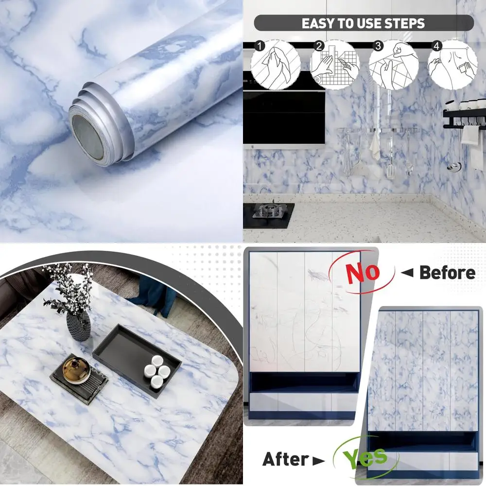 ورق جدران رخامي لامع مقاوم للماء وقابل للإزالة ذاتي اللصق لأسطح الكونترتوب والأثاث - تصميم قشر وعصا باللونين الأبيض والأزرق