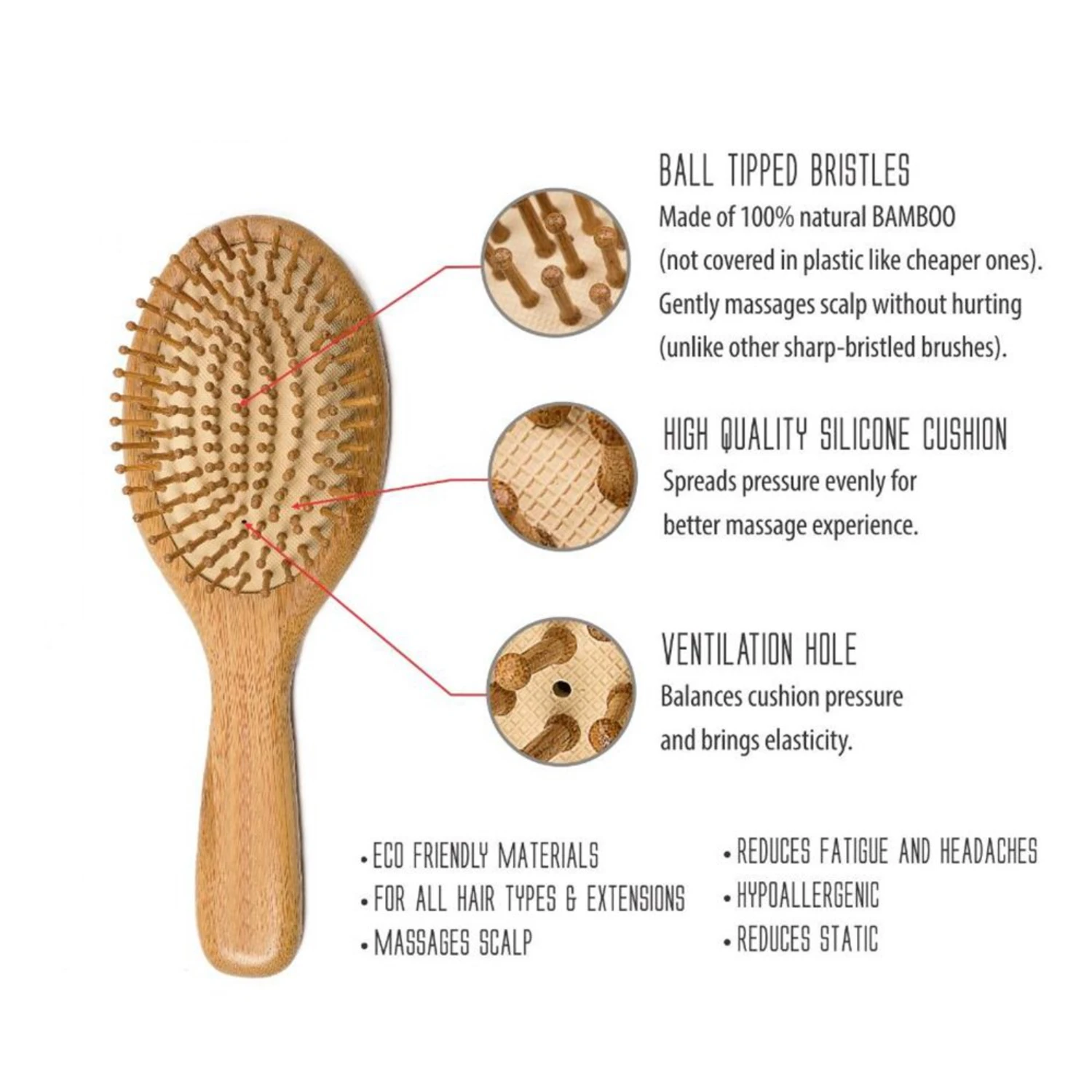 Cushion Comb with Bamboo Hair Brush for Scalp Massage Anti-static No Hair Tangle