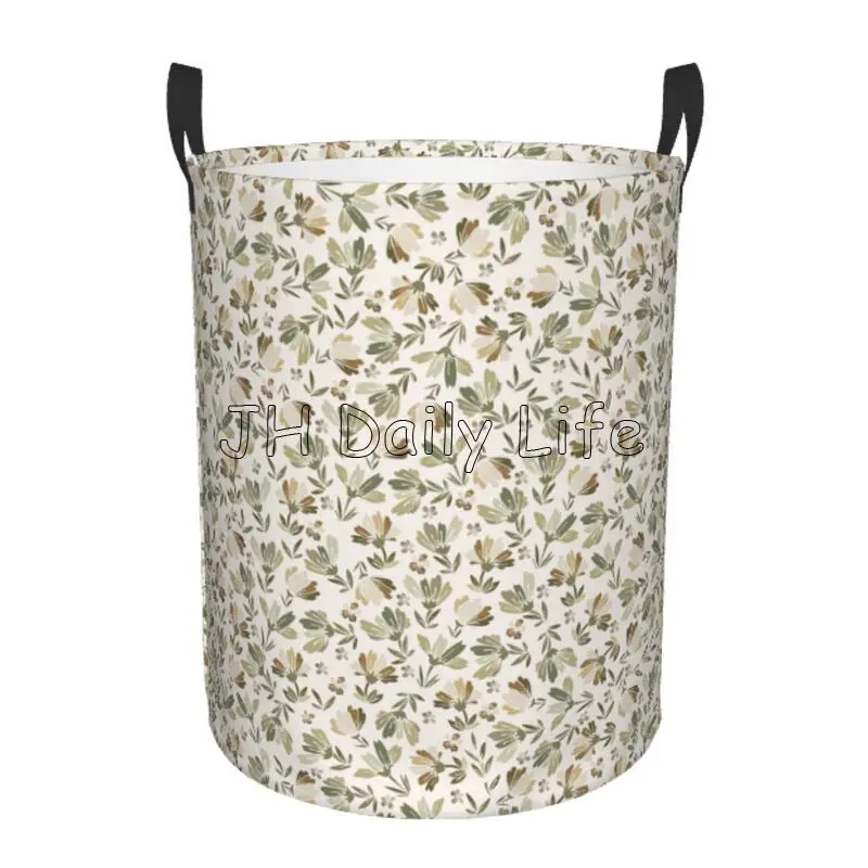 Sage Green Beige Floral Circular Laundry Hamper Vintage Brown Flower Round Large Clothes Storage Baskets Foldable Laundry Bags