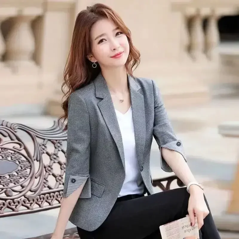 Skinny Women's Blazers Gray Slim Splicing Female Coats and Jackets Classic Suit Korean Fall Fashion Trend 2025 Outdoor Outerwear