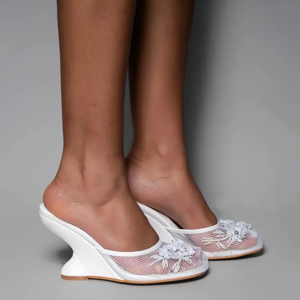 2026 New Women Mules Sandals Mesh Hollow Out Thick Sole Wedge Heels Summer Slip on Open Toe Casual Female Slippers