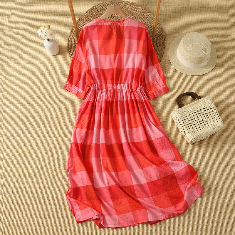 Retro Red Plaid Shirt Sleeveless Cotton Linen Dress Drawstring Waist Slimming Summer Casual High Waist Midi Skirt Dress
